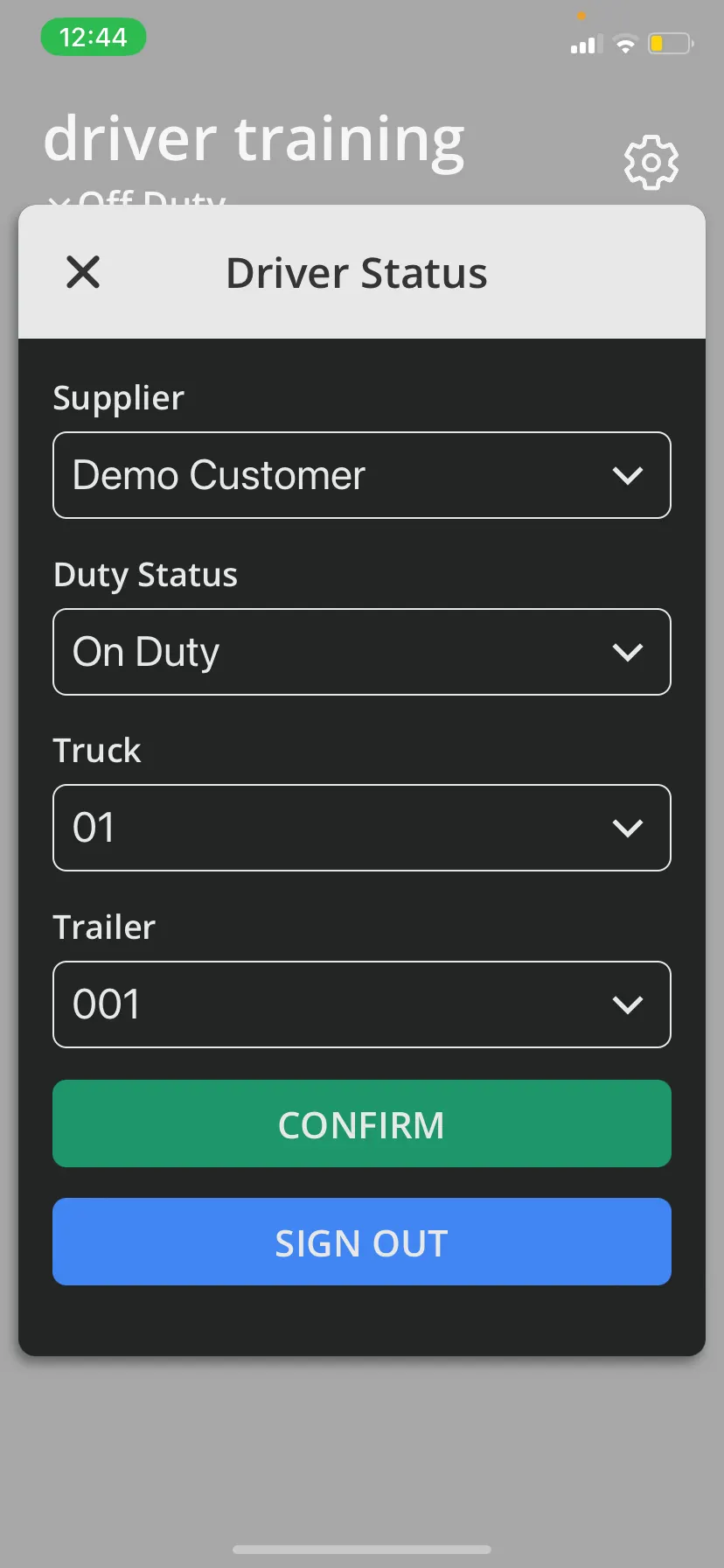 Choose your Supplier and Duty Status. Enter your truck and trailer if needed.  Select Confirm.