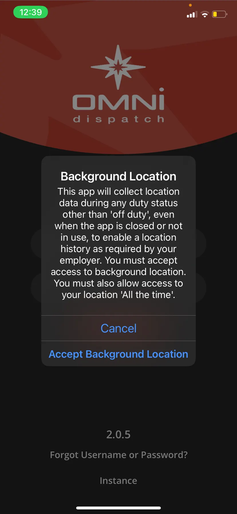 When asked to allow Omni Dispatch to collect background location, select Accept Background       Location