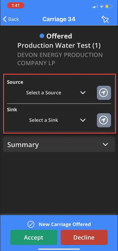 Enter your Source and Sink location by selecting the down arrow and choosing from the list provided.
