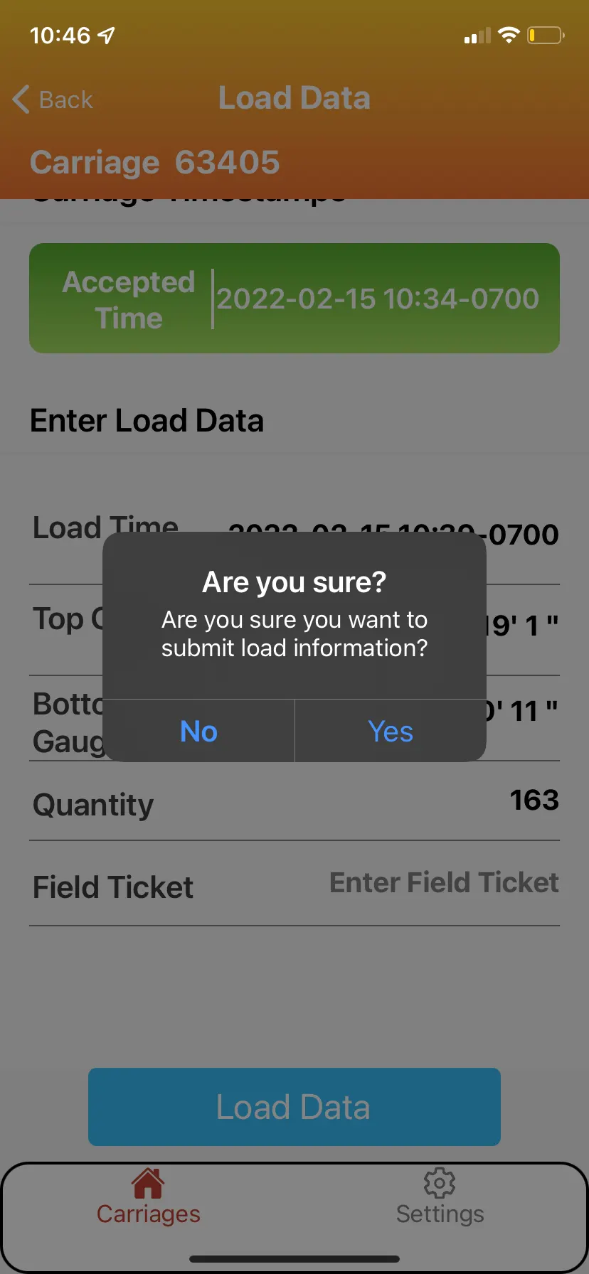 Confirm submitting the load data by selecting Yes.