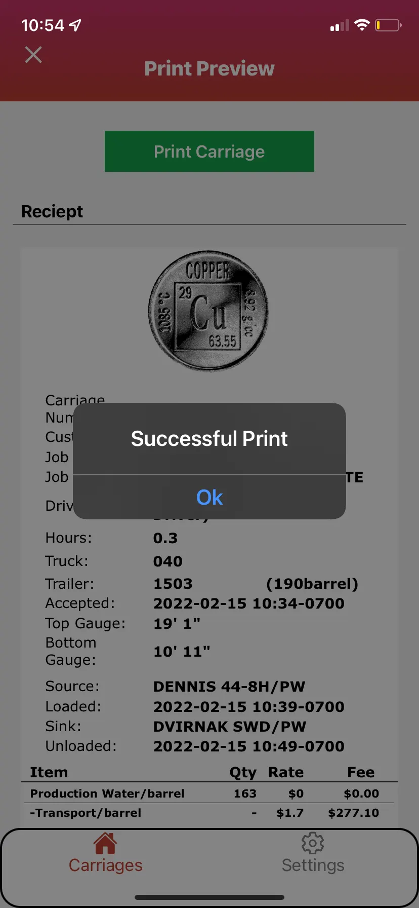 A Successful Print will appear.  Select Ok.