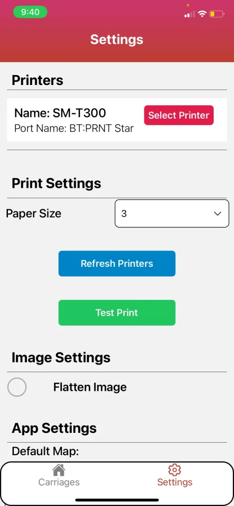Press the red Select Printer in the first section of Settings. The paper size for Star Micronics is 3. Select Refresh Printers. Select Test Print if desired.